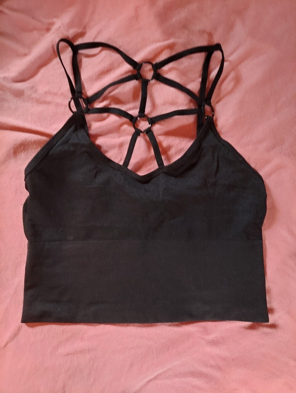 Black Strappy Crop Top with Ring-Detail Back